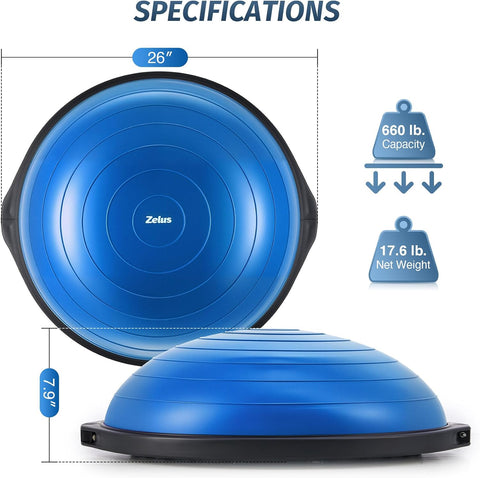 ZELUS 25in. Balance Ball | 660lb Inflatable Half Exercise Ball Wobble Board Balance Trainer w Nonslip Base | Half Yoga Ball Strength Training Equipment w 2 Bands, Pump, Extra Ball Included