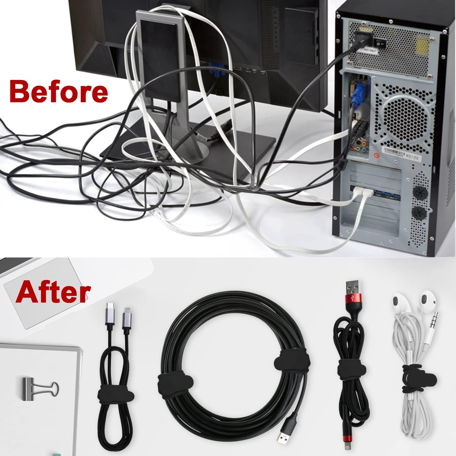 Silicone Cable Ties, Cord Organizer Cable Management(16Pcs-Black)
