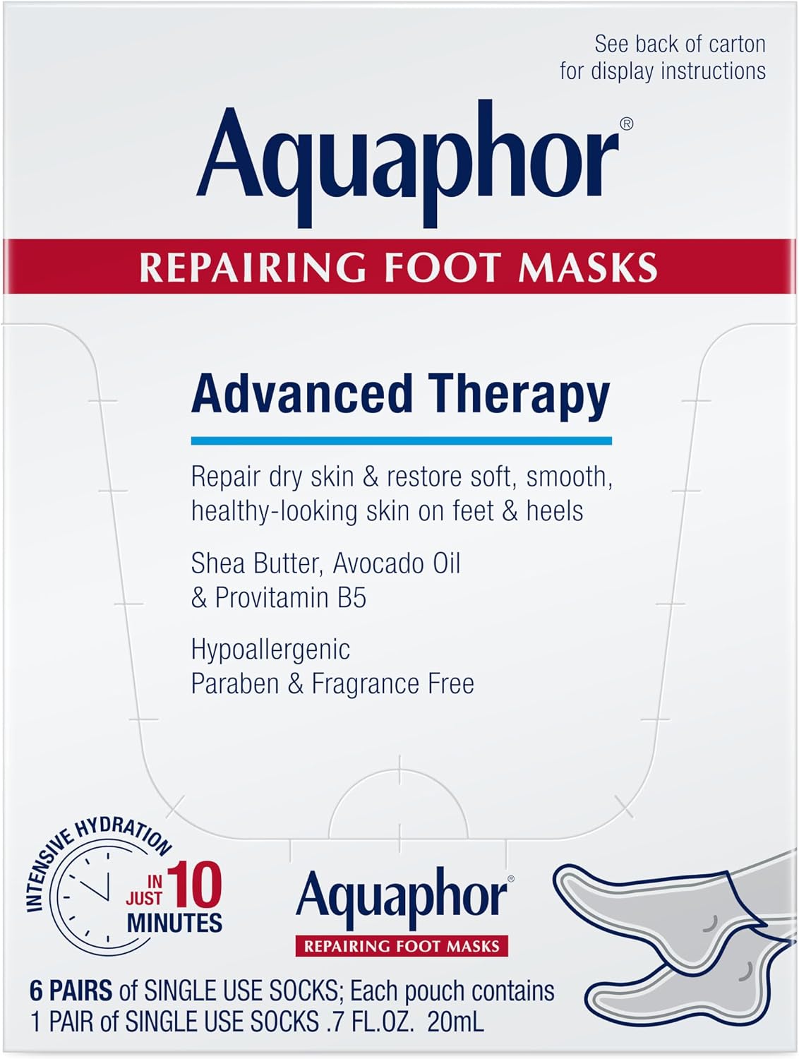Aquaphor Advanced Therapy Repairing Foot Masks, 6 Masks x 0.7 FL OZ | Moisturizing Socks for Dry Feet, Hydrating Foot Care Treatment with Avocado Oil and Shea Butter, Paraben and Fragrance Free