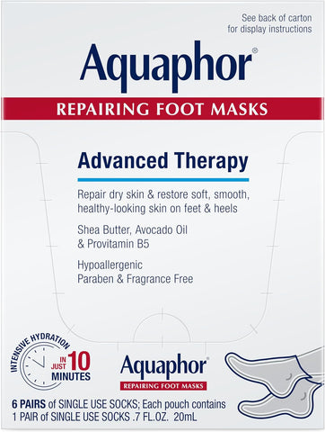 Aquaphor Advanced Therapy Repairing Foot Masks, 6 Masks x 0.7 FL OZ | Moisturizing Socks for Dry Feet, Hydrating Foot Care Treatment with Avocado Oil and Shea Butter, Paraben and Fragrance Free