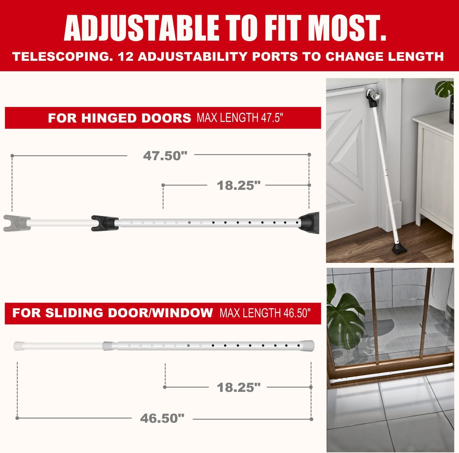 SECURITYMAN 3-in-1 Door Security Bar, Security Door Stoppers & Door Barricade – Heavy Duty Adjustable Iron Security Lock Bar for Home Defense, Apartment & Travel Safety (2 Pack - White)