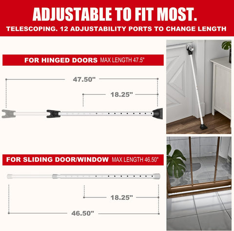SECURITYMAN 3-in-1 Door Security Bar, Security Door Stoppers & Door Barricade – Heavy Duty Adjustable Iron Security Lock Bar for Home Defense, Apartment & Travel Safety (2 Pack - White)