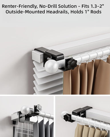 Over-Blinds Curtain Rod Brackets for Outside-Mounted Blinds, Blinds Curtain Rod Brackets for 1.3–2” Rectangular Headrails, Tool-Free No-Drill Installation for Apartments, Rentals Set of 2 (Black)