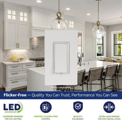 Leviton Decora Slide LED Advanced Dimmer Switch for 150W Dimmable LED, Halogen and Incandescent Bulbs and Fixtures, DSL01-LW, White