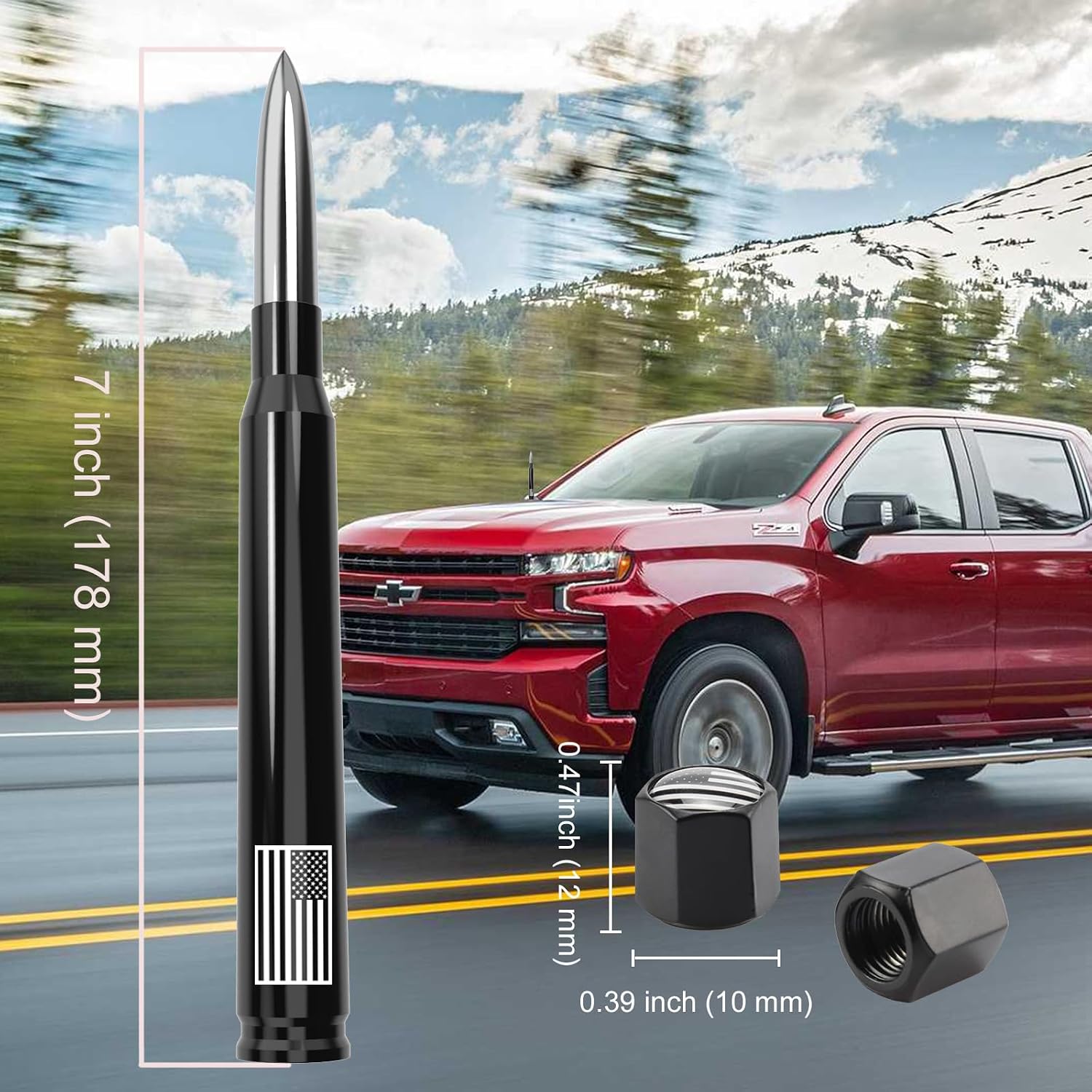 Car Truck Bullet Antenna with Tire Valve Caps American Flag Universal Short Replacement for GMC Sierra Chevy Silverado Dodge Ram 1500 2500 3500 Ford F150 F250 F350 Super Duty Raptor Accessories Silver