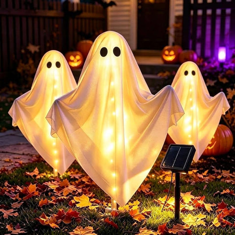 3-Pack & Solar Powered Ghost Halloween Decorations Outdoor, Auto On/Off