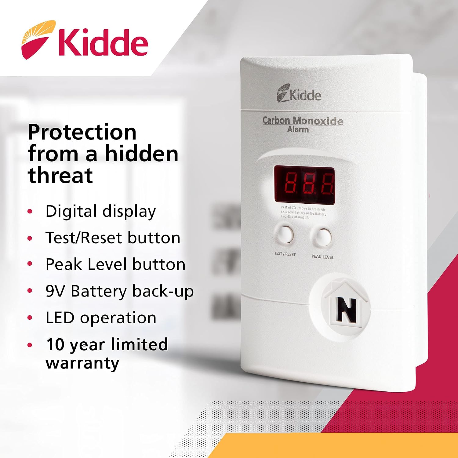 Kidde Carbon Monoxide Detector, Plug-In with 9V Battery Backup, Digital Display, 85 dB Alarm, LED Status Light Indicators, 3rd Edition