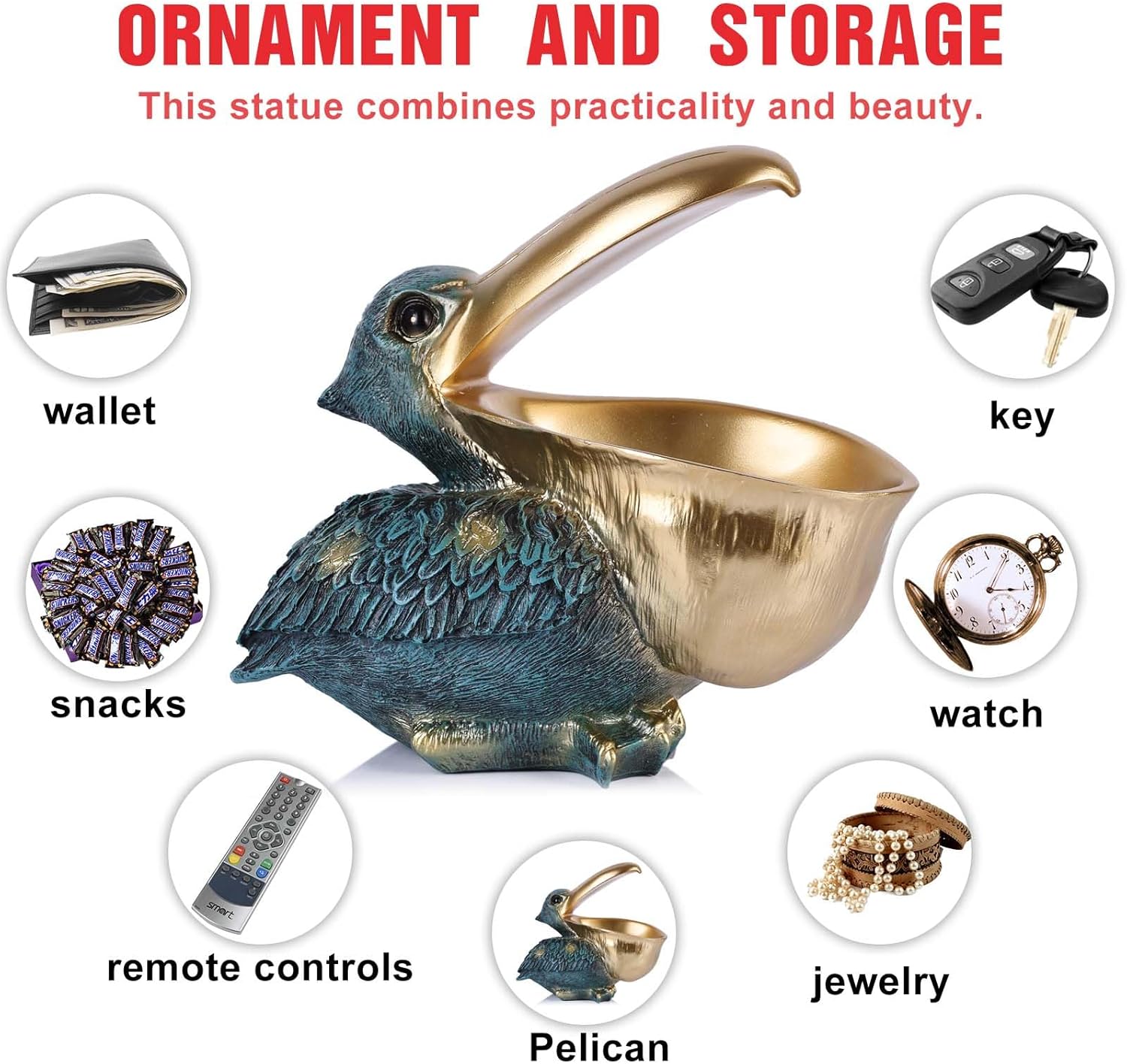 Pelican Key Holder Statues,Fun Animal Hippo Candy Dish,Candy Dish for Office Desk Unique,Modern Key Holder for Pelican Figurine,Suitability Desk bowl and Entry Table Decor Item (Green Gold)