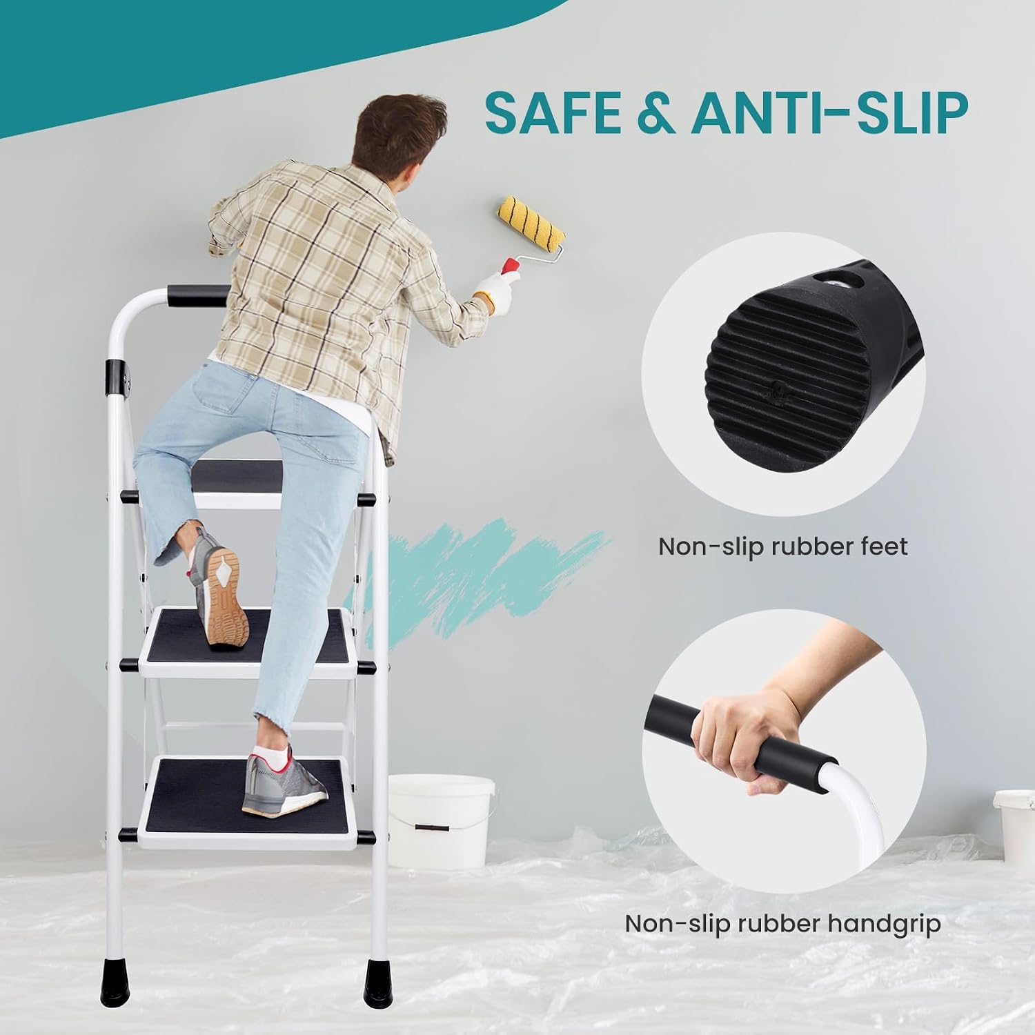OLIXIS Step Ladder, 3 Sturdy Step Stool with Anti-Slip Pedal & Handrail