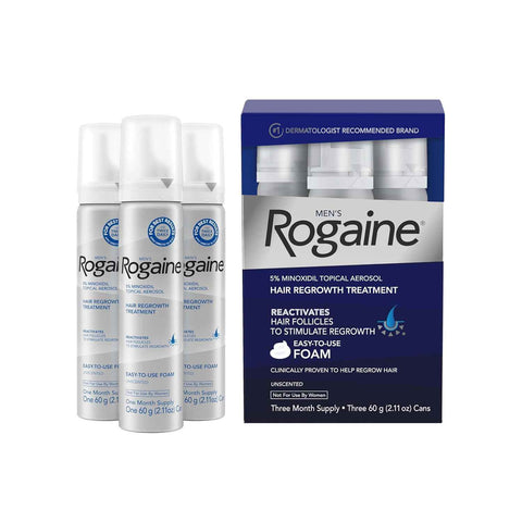 Men's Rogaine 5% Minoxidil Topical Foam, Unscented, 3 Mo Supply, 3x 2.11 Oz | Hair Regrowth Foam, Topical Hair Loss Treatment for Men, Regrow Fuller, Thicker Hair, Unscented, Aerosol, 3-Month Supply