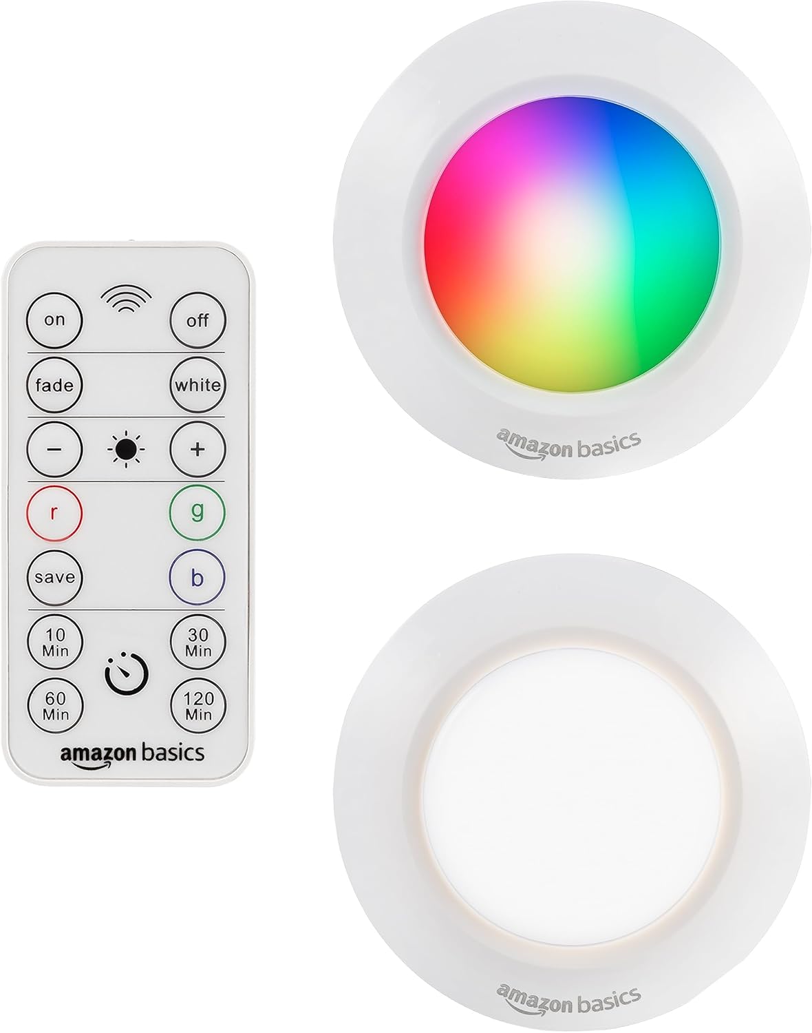 Amazon Basics LED Puck Lights, Color Changing, Battery Operated, IR Remote, 40 Lumens, Under Cabinet Lighting, Wireless Stick on Lights, Ideal for Closets, 2-Pack, White
