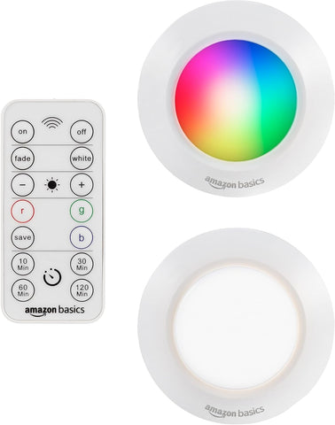 Amazon Basics LED Puck Lights, Color Changing, Battery Operated, IR Remote, 40 Lumens, Under Cabinet Lighting, Wireless Stick on Lights, Ideal for Closets, 2-Pack, White