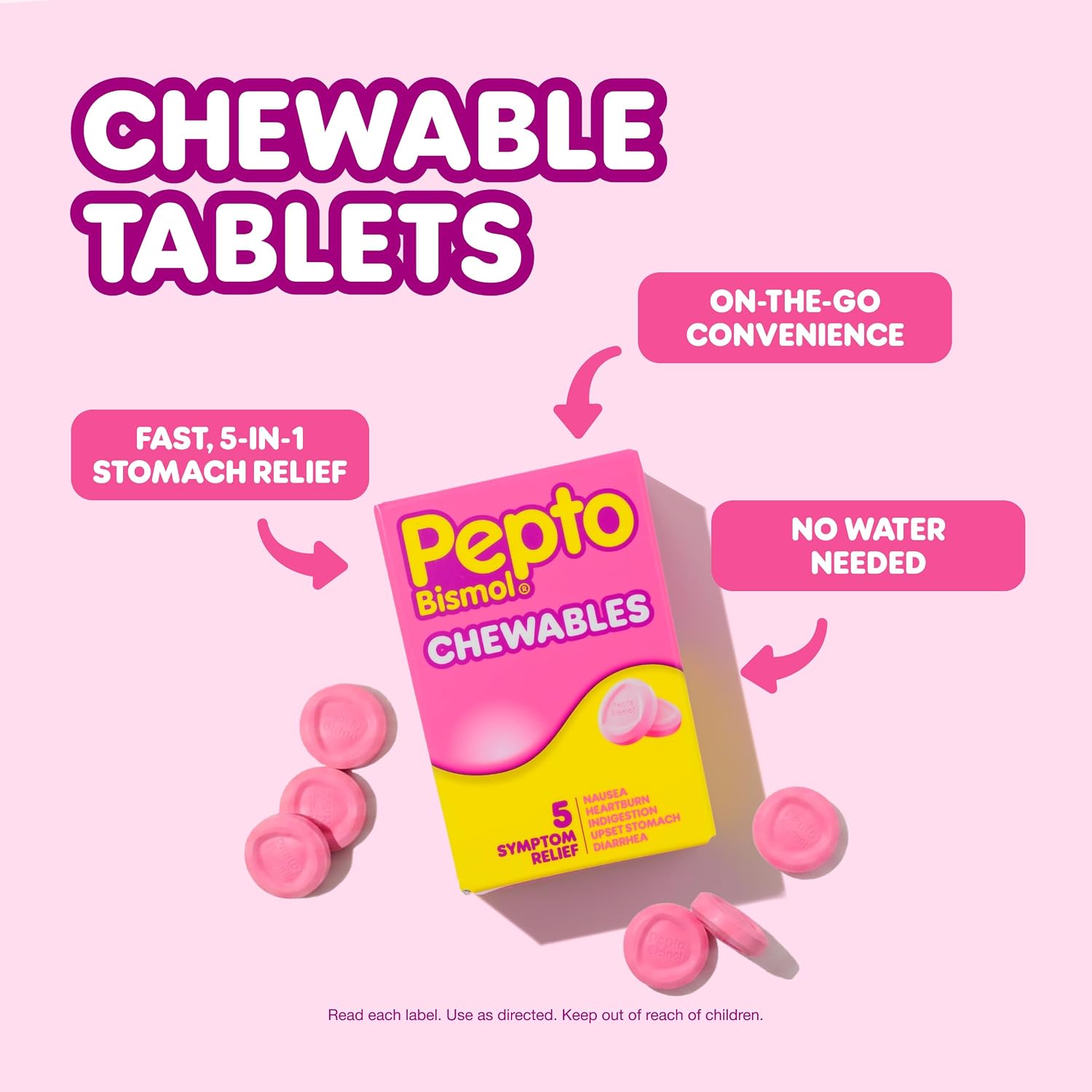 Pepto Bismol Chewable Tablets, Upset Stomach Relief, Nausea Relief, Heartburn Relief, Indigestion Relief, Anti Diarrhea Medication for Adults - 5 Symptom Relief, 12 ct