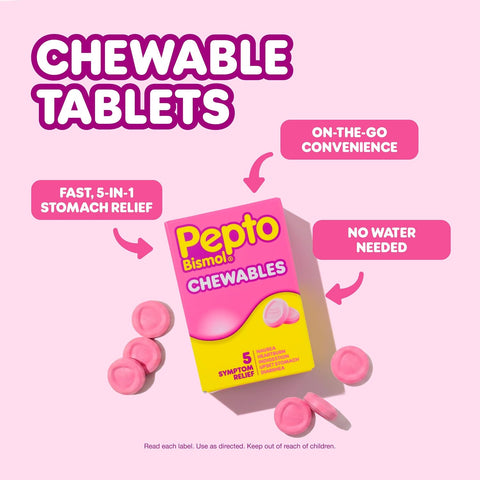 Pepto Bismol Chewable Tablets, Upset Stomach Relief, Nausea Relief, Heartburn Relief, Indigestion Relief, Anti Diarrhea Medication for Adults - 5 Symptom Relief, 12 ct