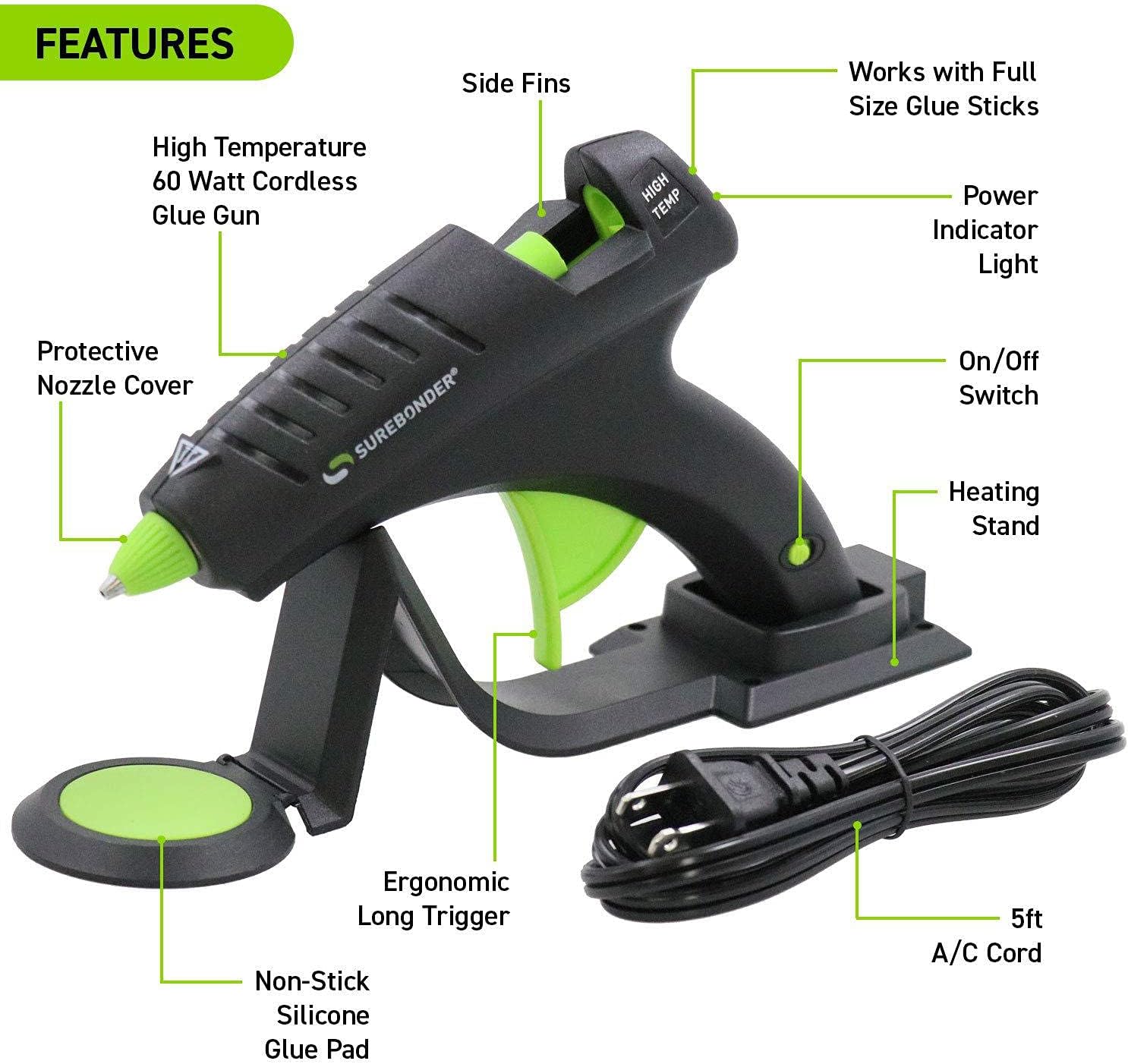 Surebonder Cordless Hot Glue Gun, High Temperature, Full Size, 60W, 50% More Power & Other Strong Materials (Specialty Series CL-800F) & DT-50 All Temperature 50 Glue Sticks, 4-Inch