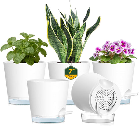 Meowell 7 inch Self Watering Pots for Indoor Plants, 5 Pack Plant Pots with Drainage Holes & Clear Reservoir for Visible Water Level, Plastic Wicking Planter Pots for House Plants and Flower, White