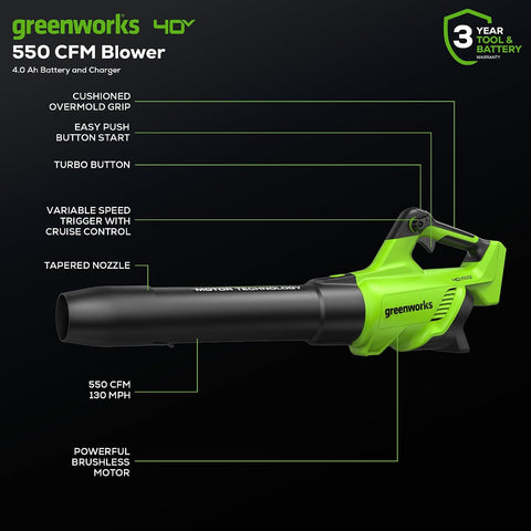 Greenworks 40V Electric Leaf Blower, 550 CFM, 4.0 Ah Battery and Charger