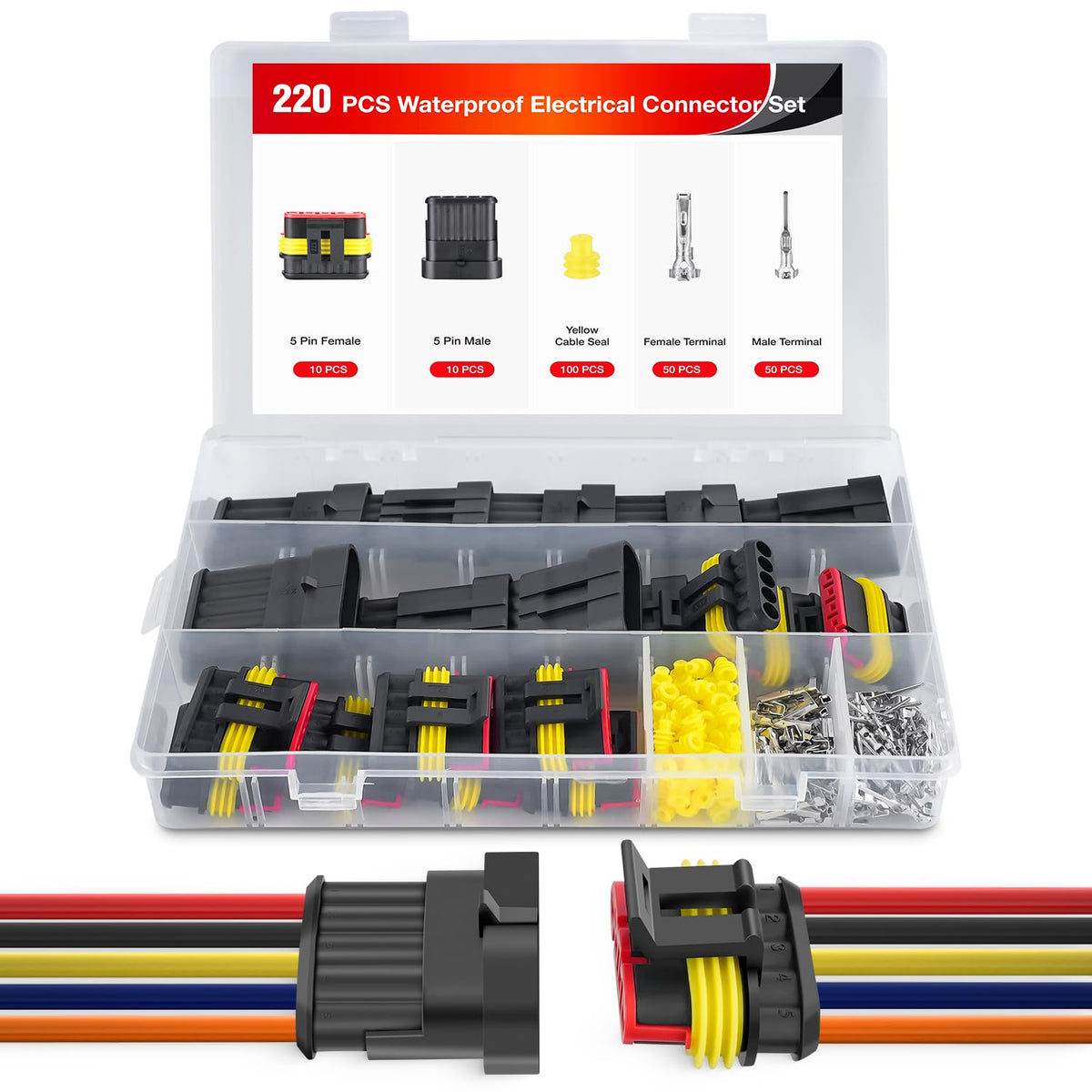 Nilight 220PCS 5 Pin Electrical Connector ‎Plug with Male Female Terminals
