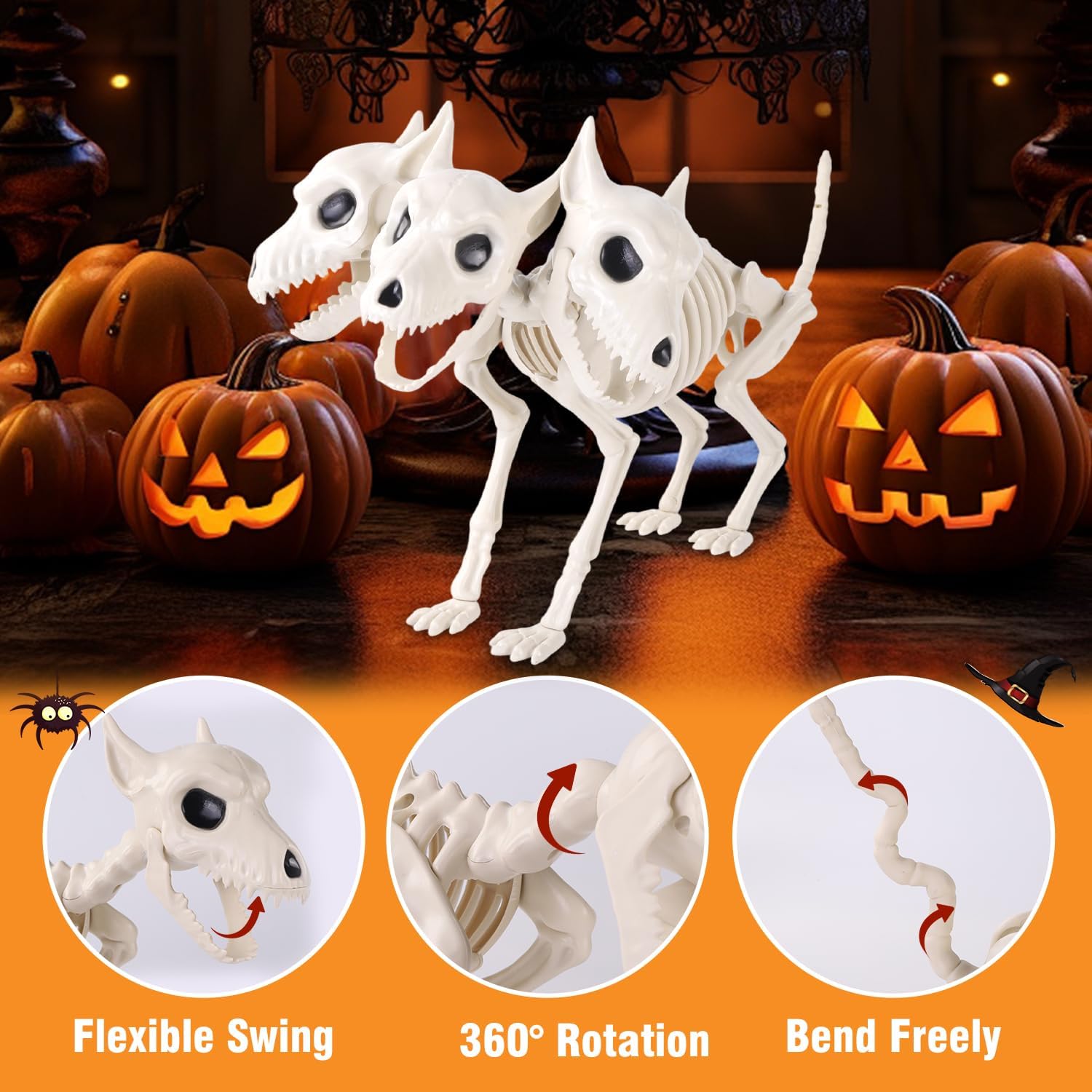 12’’ Halloween Three-Headed Dog Skeleton Statue Prop Animal Decoration