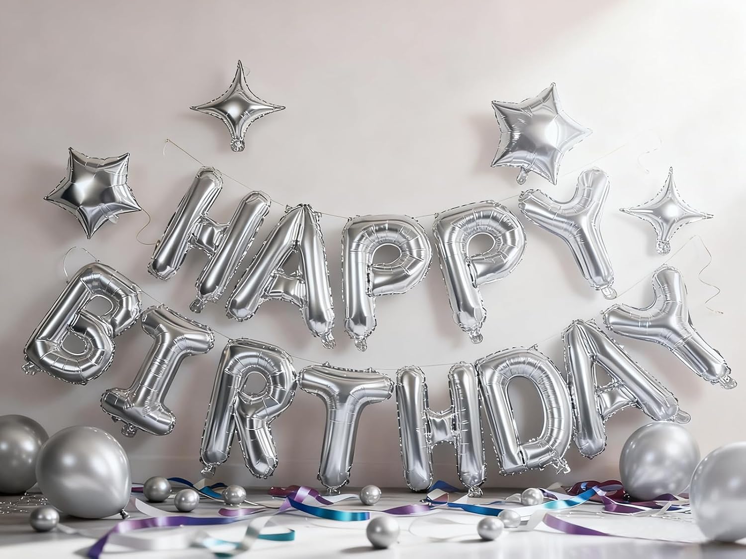 Silver Happy Birthday Balloons Banner Sign Mylar letter Party Decoration