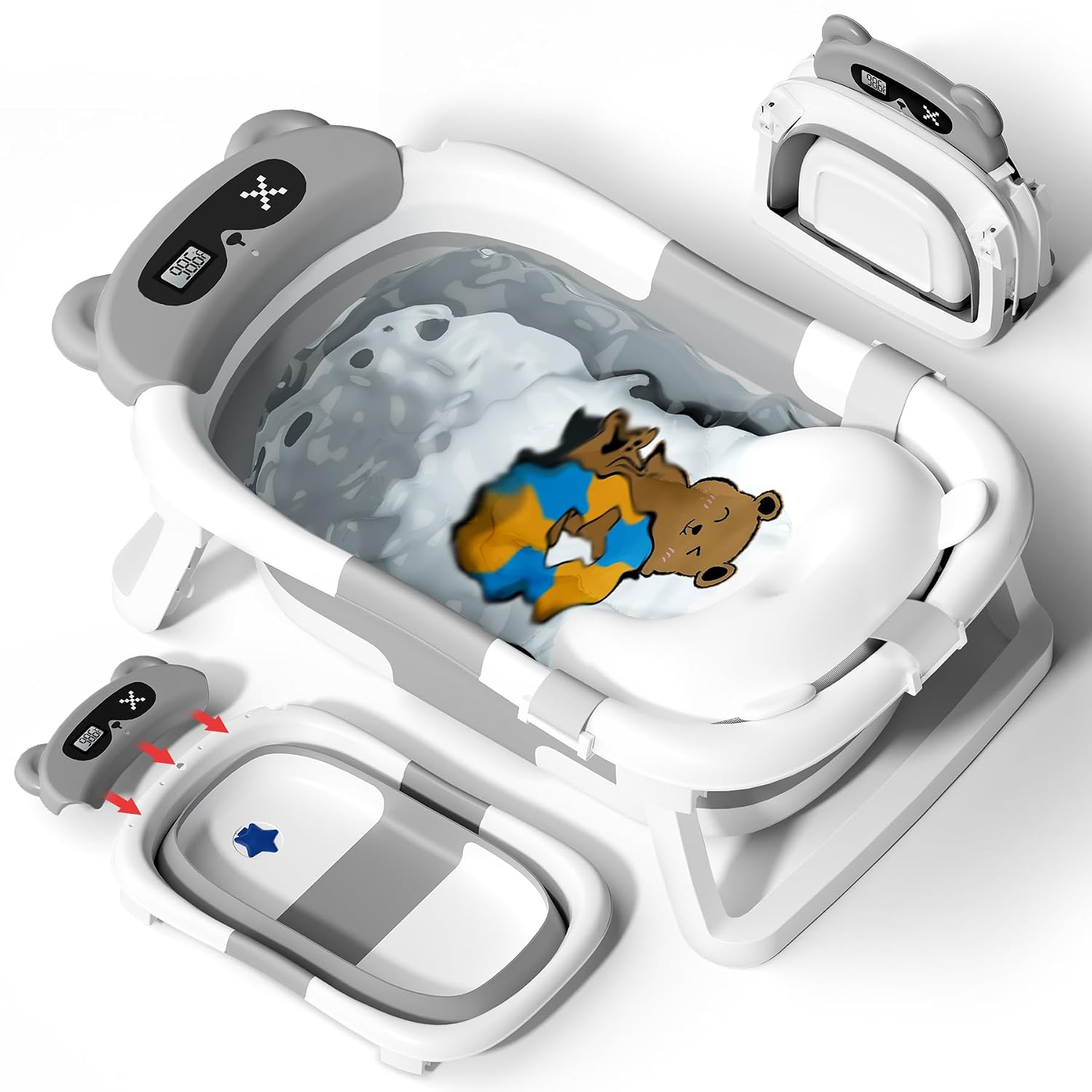 AVIDOR Baby Bathtub,Collapsible Bathtub for Newborn to Toddler,Durable Essential Infant Bath Tub,Portable Travel Baby Tub with Soft Cushion,No-Slip Hanging and Detachable(Grey)