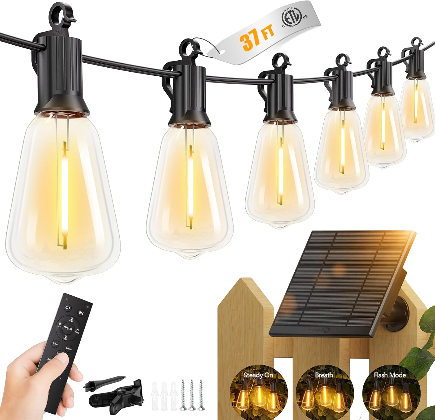 Brightown 37FT Solar String Lights Outdoor, 10+1 Shatterproof LED Lights