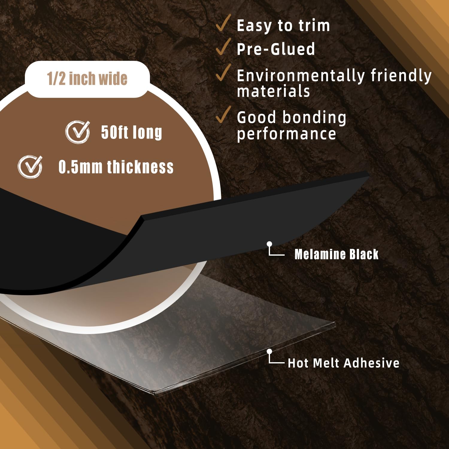 GSCIT Club Black Melamine Edge Banding, 1/2 inch x 50ft Edge Banding with Hot Melt Adhesive Preglued Cabinet Edge Banding Flexible Black Veneer Edging