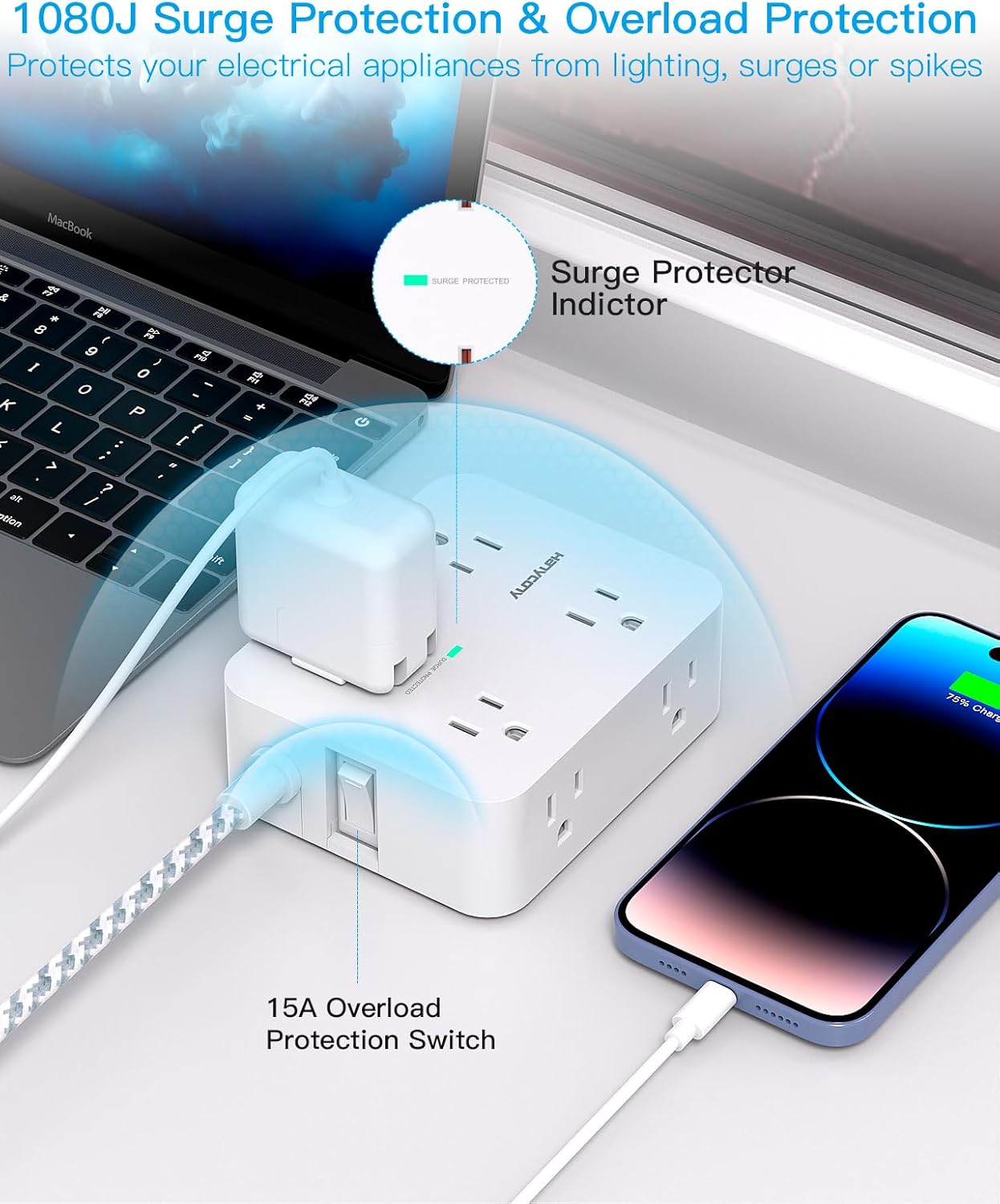 HANYCONY Surge Protector Power Strip, 1080J, 5 Ft Braided Extension Cord