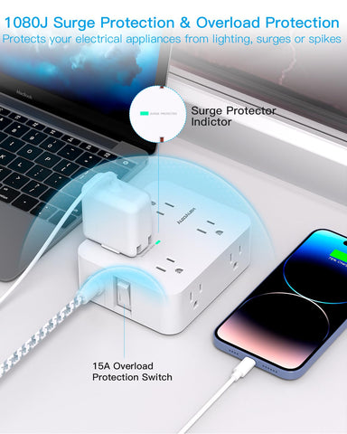 10 Ft Surge Protector Power Strip, Extension Cord with 8 AC Outlets 4 USB (2 USB C) Ports, Flat Plug, Wall Mount Desk USB Charging Station for Home