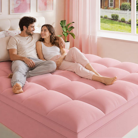 ELEMUSE Full Pink Mattress Topper, Thick Pillow Top Bed Topper Mattress Pad