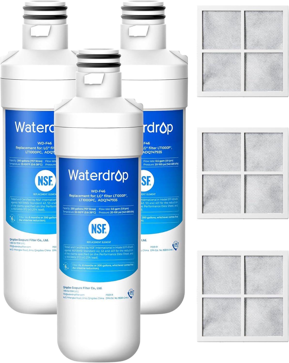 Waterdrop ADQ747935 Refrigerator Water Filter and Air Filter, 3 Combo