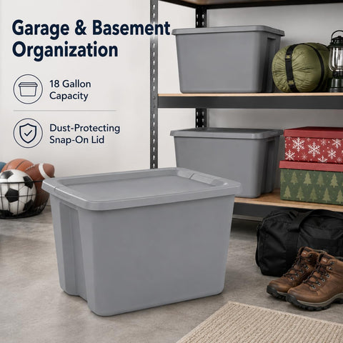 18 Gal Storage Bin with Snap-On Lid, Stackable Plastic Tote, Gray
