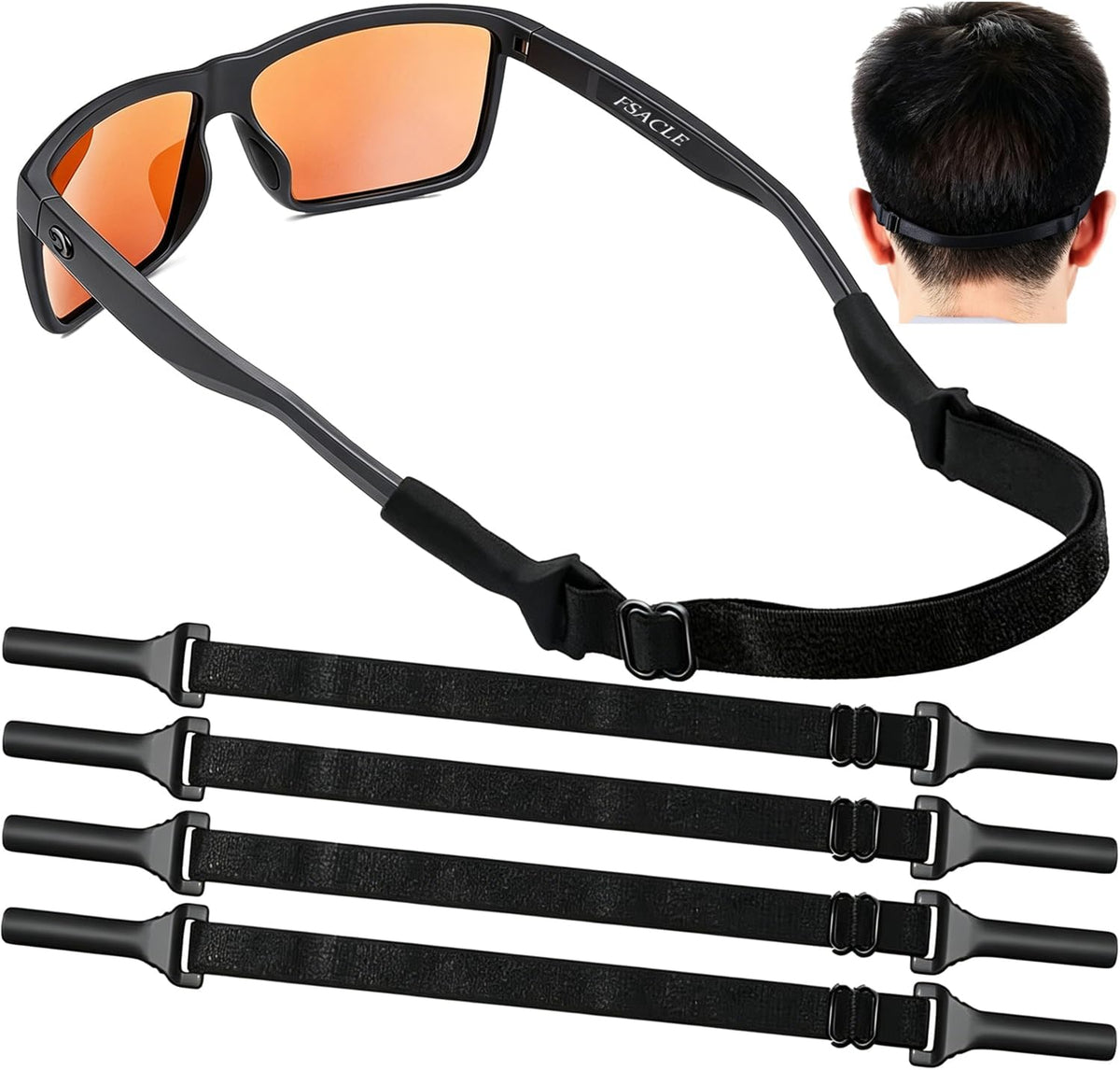KSACLE Adjustable Glasses Strap, Upgrade 4 Pack No Tail Eyeglass Straps, Universal Fit Rope Eyewear Retainer, Sport Unisex Sunglass Retainer Holder Strap for Men, Women and Kids (Black, 8-13 inch)
