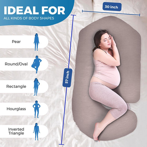 Pregnancy Pillows for Sleeping – 57-Inch Maternity Pillow for Pregnant Women with Removable Washable Cover – Support for Back, Belly, Neck, Legs, & Hips – V C U Shaped Full Body Pillow - Cooling Beige