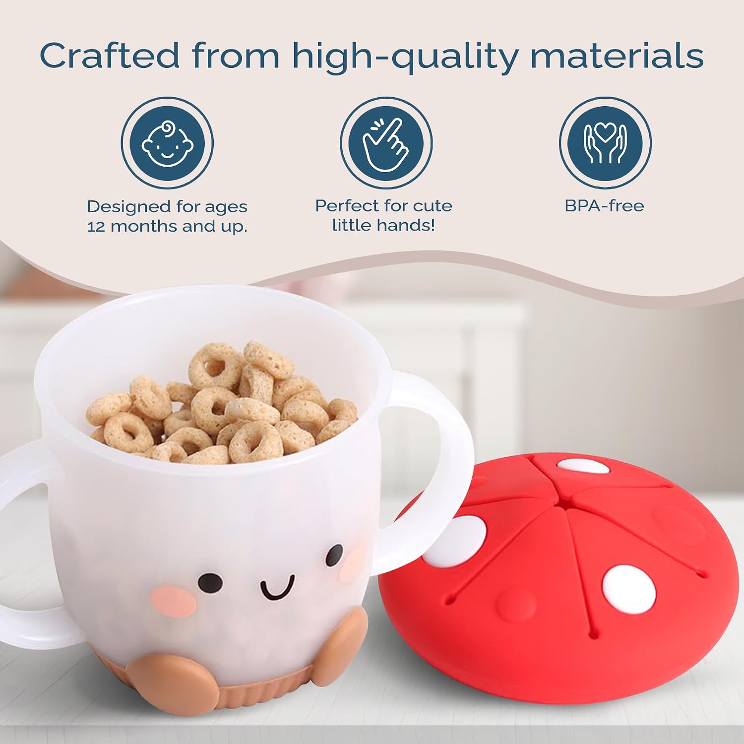 Itzy Ritzy Toddler Snack Cup, Spill-Proof w/Soft Silicone Lid, Mushroom