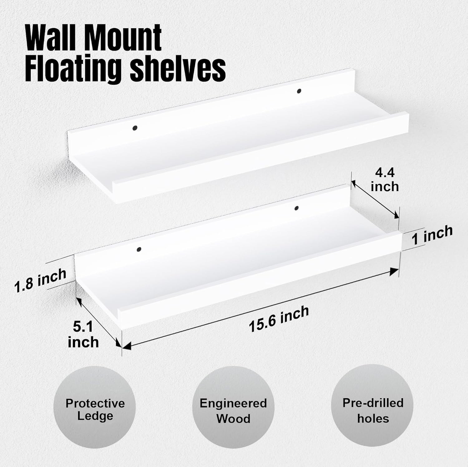 RICHER HOUSE 3-Set Floating Shelves with Lip, White Small Wall Shelf, 16In