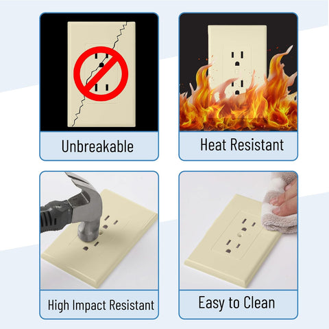Bates- 1-Gang Duplex Wall Plate, 3.18"x 4.98", 10 Pack, Light Almond, Unbreakable Electrical Outlet Cover Plates, Heat & Impact Resistant, Easy-to-Clean, Duplex Receptacle Cover for Home & Office