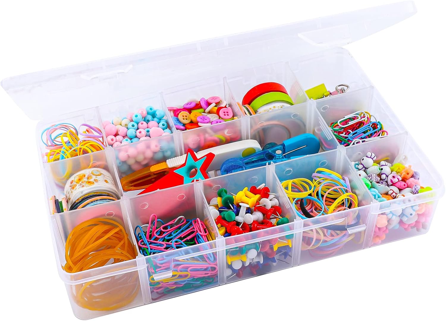 Exptolii 15 Large Grids Plastic Organizer Box with Dividers, Clear Compartment Container Storage for Washi Tapes Beads Crafts Jewelry Fishing Tackles, Size 11 x 6.3 x 2.2 in