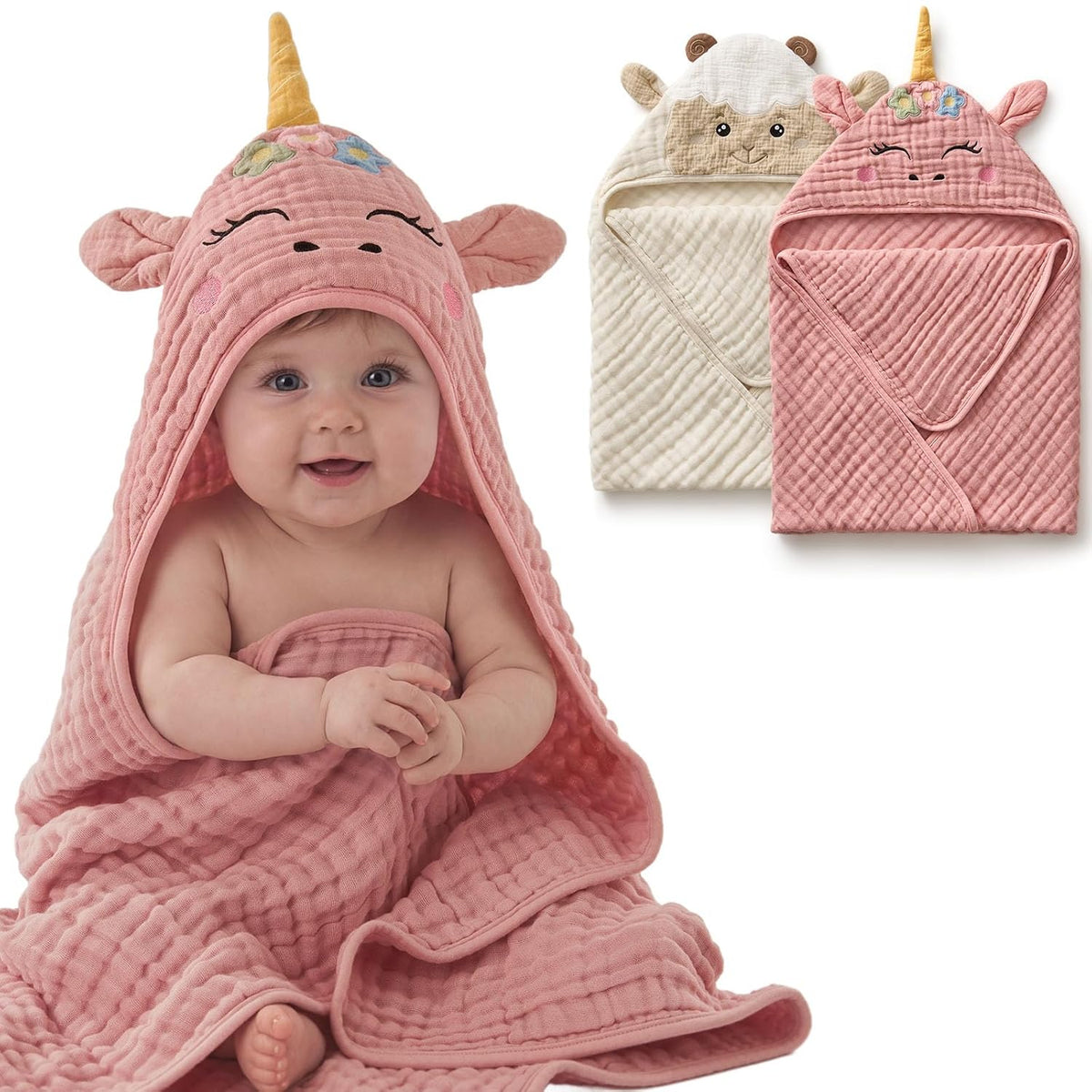 Blissful Diary Muslin Baby Hooded Towel 2 Pack, Soft & Absorbent Bath Towel for Infant, Toddler, Unisex, Baby Gift, Newborn Essentials, Unicorn & Lamb