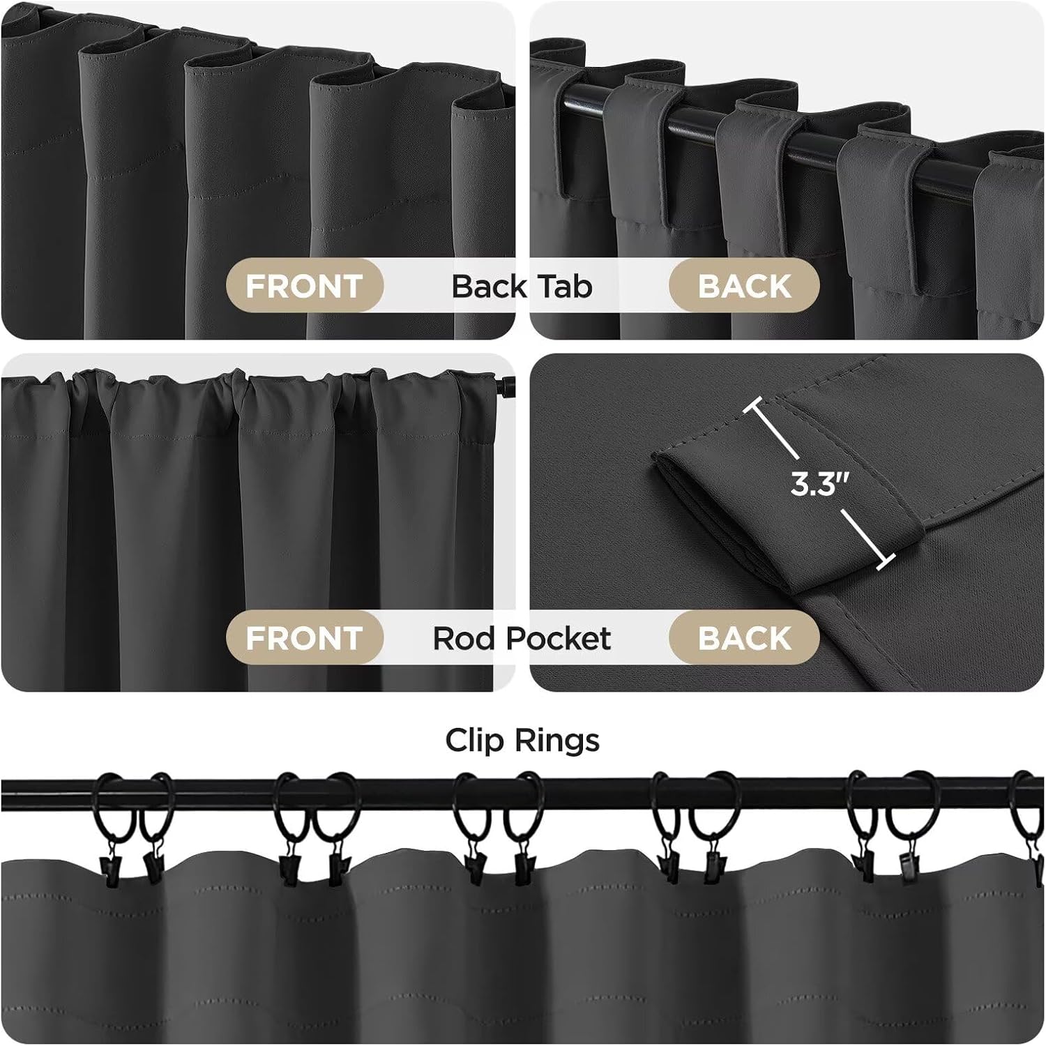 Joydeco 72 Inch Blackout Curtains for Bedroom, Thermal Insulated Black Out Curtains 2 Panels Set, Room Darkening Drapes for Living Room Window Rod Pocket Back Tab (W37 x L72 Inch, Dark Grey)
