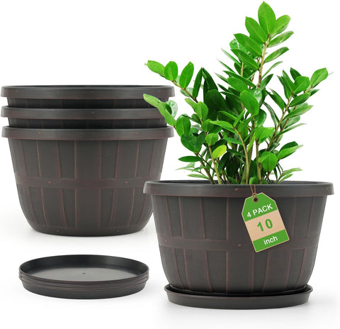 Quarut 4 Pack 10 inch Flower Pots,Plastic Plants Pots Outdoor