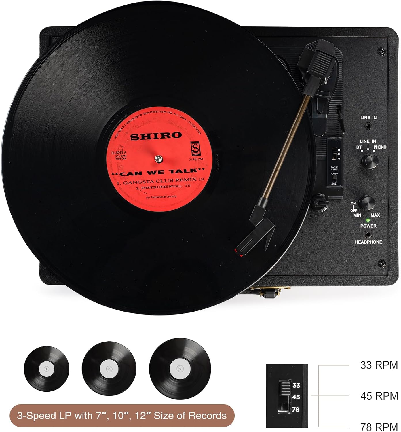 Retrolife® Vinyl Record Player with Speakers, Bluetooth Vinyl Player-Black