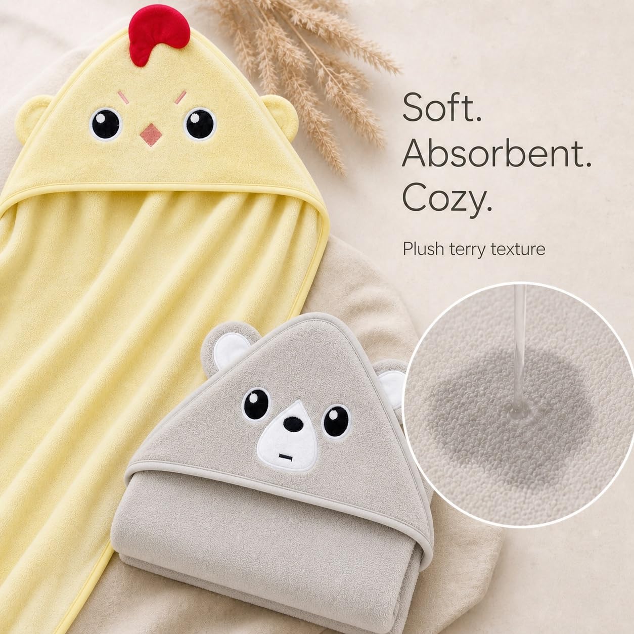 Cute Castle 2 Pack Hooded Baby Towel Rayon Made from Bamboo with 8 Washcloths - Soft Bath Towel for Bathtub for Babie, Newborn, Infant, Natural Baby Stuff Towel (Chicken and Bear)