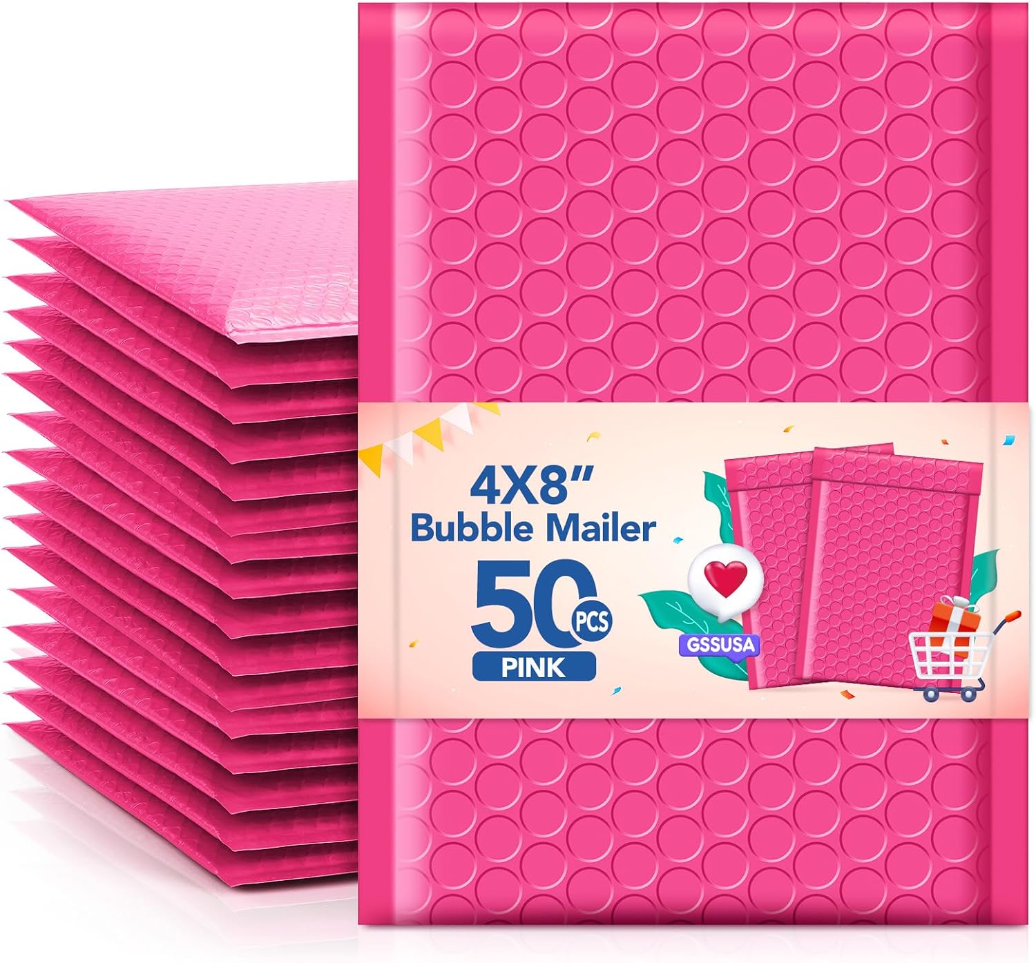 GSSSUSA Pink Bubble Mailers 4x8 Inch 50 Pack Small Padded Envelopes