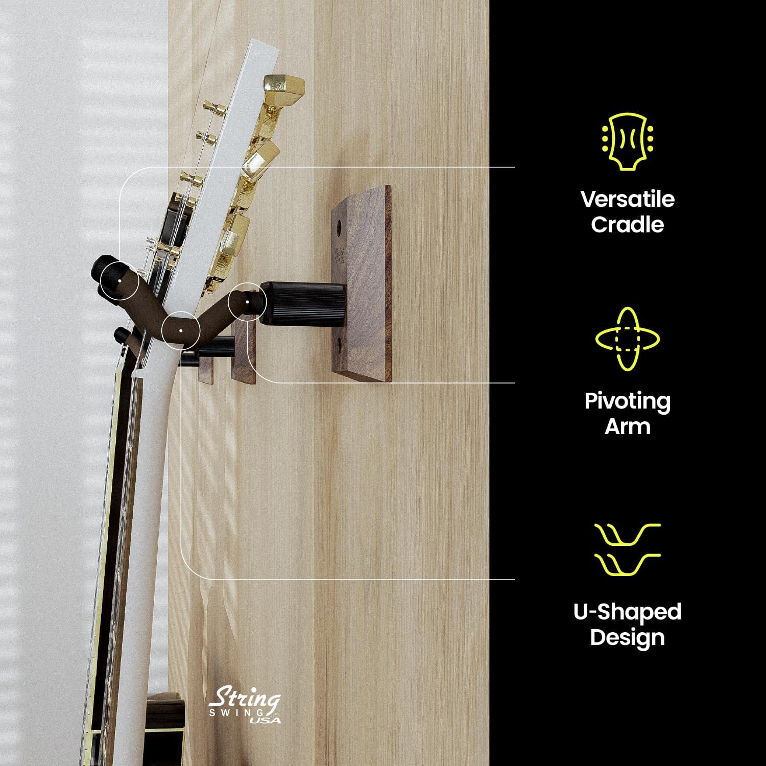 String Swing Guitar Hanger - Holder for Electric Acoustic and Bass Guitars - Stand Accessories Home or Studio Wall - Musical Instruments Safe without Hard Cases - Black Walnut Hardwood CC01K-BW 2-Pack