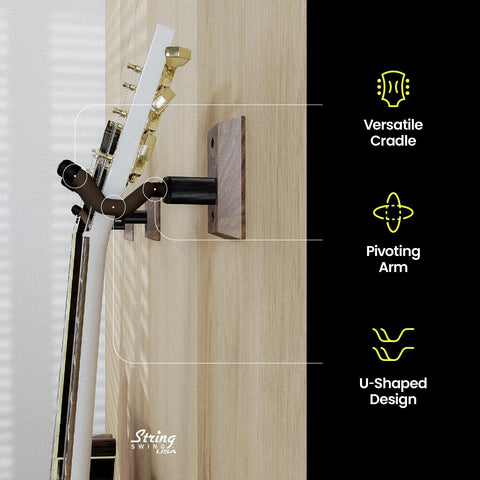 String Swing Guitar Hanger - Holder for Electric Acoustic and Bass Guitars - Stand Accessories Home or Studio Wall - Musical Instruments Safe without Hard Cases - Black Walnut Hardwood CC01K-BW 2-Pack