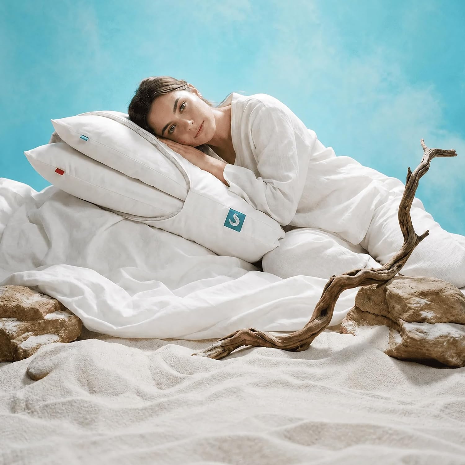 Sleepgram Cooling Bed Pillow, Bed Support Adjustable Hypoallergenic Soft Sleeping Head Rest with Removable Cover, Queen Size, White