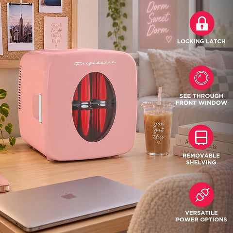 Frigidaire Retro Mini Fridge, 12/9 liters Cans Beverage Cooler, 100% Freon-Free & Eco Friendly Perfect for Home, Office, or Cars. Includes Plugs for Home Outlet & 12V Car Charger (PINK)
