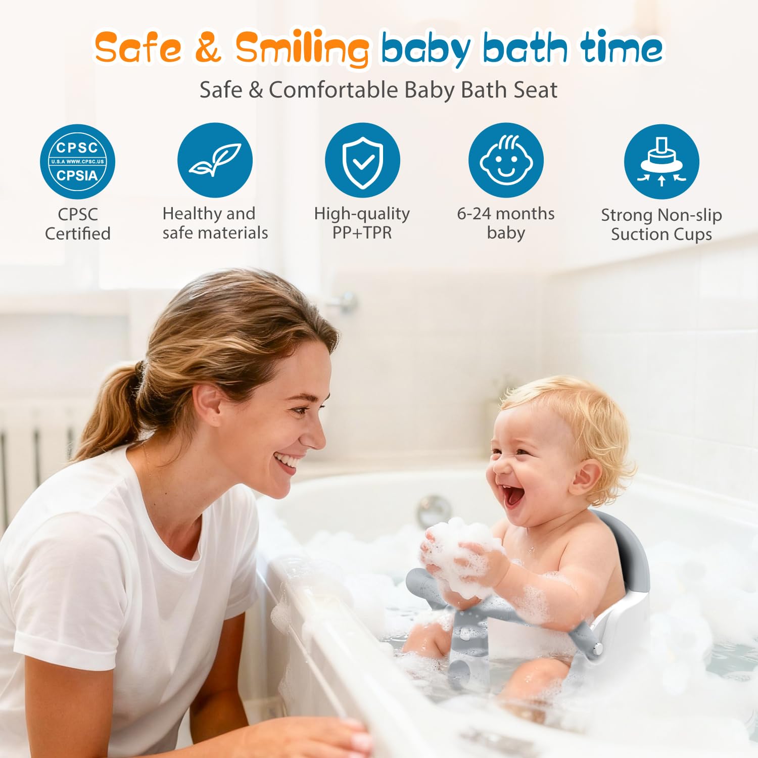 Baby Bath Seat with Suction Cups, 6M+ Up, Non-Slip, Portable, Easy Clean