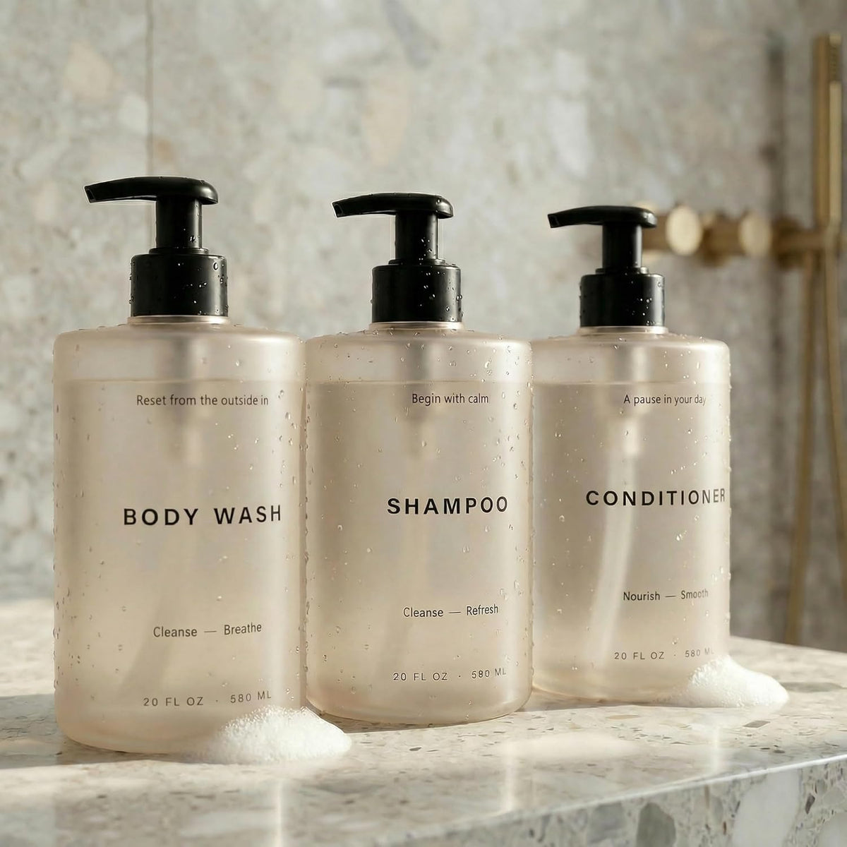 Stylish Shampoo & Conditioner Dispenser Set of 3-20oz Bottles with Pump